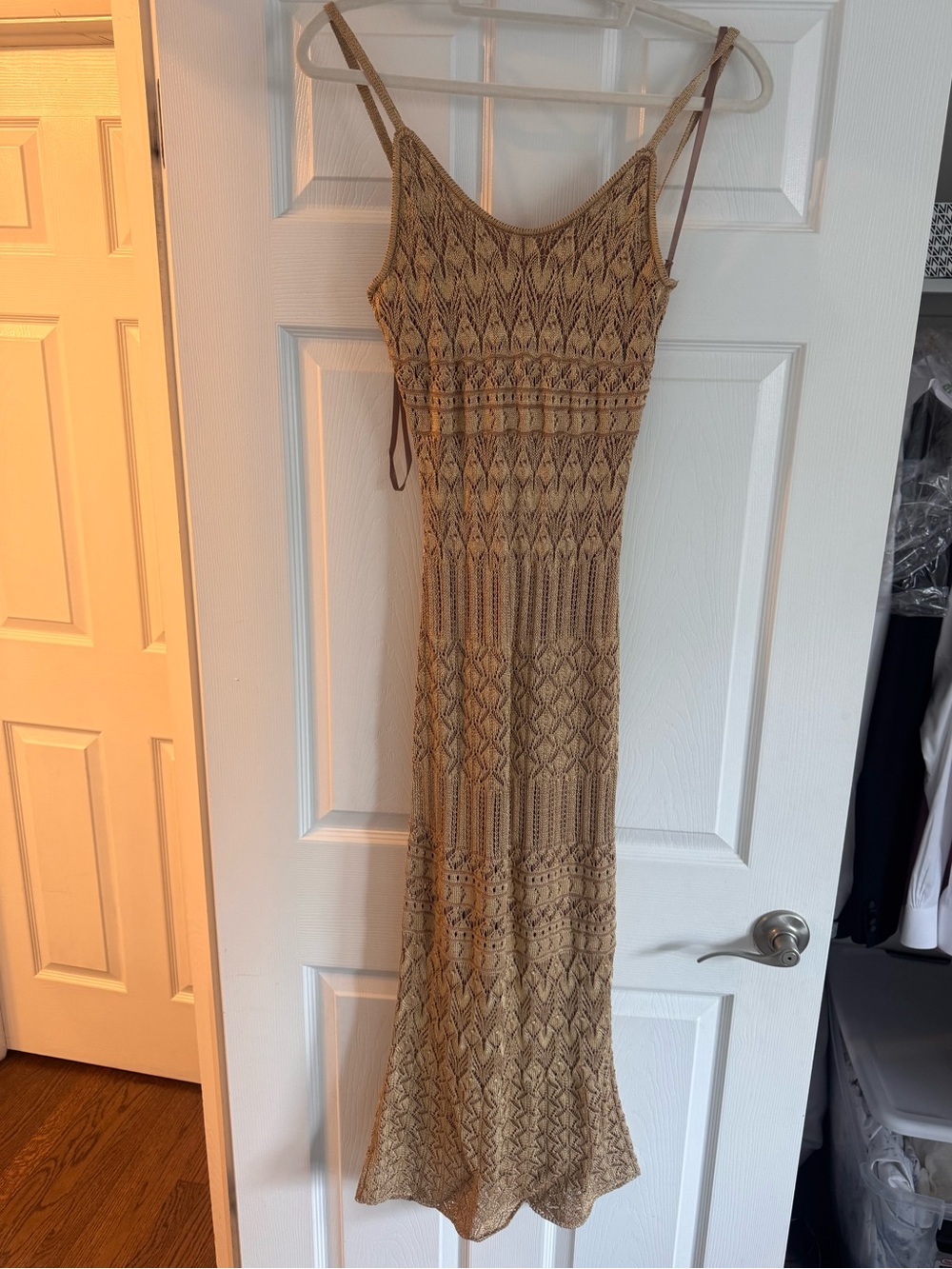 Torn by Ronny Kobo Beige Crochet Maxi Dress with Spaghetti Straps